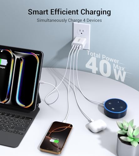 40 W USB C 4-Port Wall Charger 2-Pack – Ultra-Fast Charging Adapter for i Phone 16, i Pad Pro, Nintendo Switch & More – High-Speed PD & QC Technology for Multiple Devices – Compact & Stylish Red Design – Perfect for Travel and Daily Use