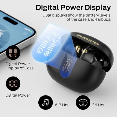 Monster N-Lite 211 Bluetooth 6.0 Waterproof Wireless Earbuds – Cutting-Edge Noise-Cancelling Headphones with LED Battery Indicator and Ergonomic Sports Fit for Unmatched Sound Clarity and Connectivity