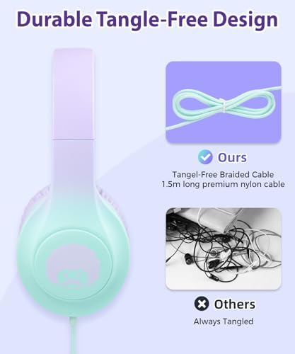 Rockpapa C24 Foldable Kids Headphones with Microphone – Lightweight Wired Audio Solution in Eye-Catching Purple & Green for School, Travel, and Play – Ideal for Young Listeners with Enhanced Compatibility and Superior Portability