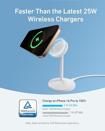 Anker Mag Go i Phone 16 Mag Safe Charger Stand – 15 W Fast Magnetic Wireless Charging Station with Qi2 Certification, 360° Device Compatibility & Sleek Design for i Phone 16/15/14/13/12 Series & Air Pods (Includes 25 W Adapter) – Elevate Your Charging Experience Today!