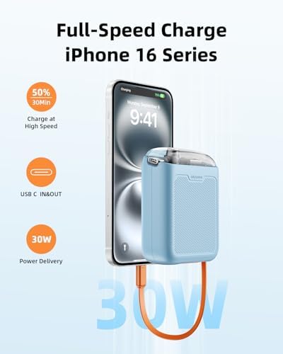 Compact 30 W Retractable USB-C Power Bank with Fast Charging – Sleek Dual Charging Battery Pack for i Phone 15, Android Devices & Laptops – Integrated 60 cm Cable & LCD Display for Ultimate On-the-Go Power Solutions