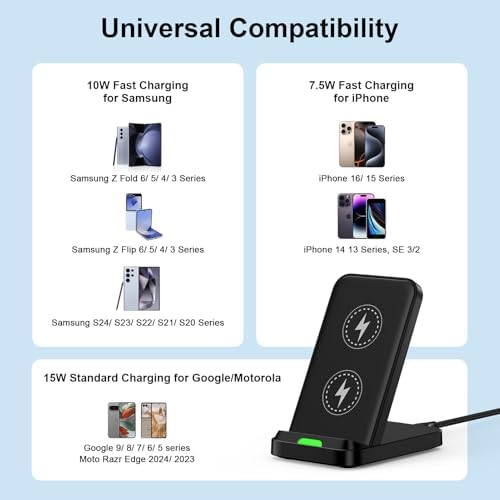 Samsung S25 Ultra Fast Wireless Charger Stand – 18 W QC 3.0 Compatible Dock for Galaxy S25, S24, Z Fold 6, Flip 6, S20 & More – Sleek Design with Optimal Viewing Angle for Efficient Charging and Enhanced Safety Features