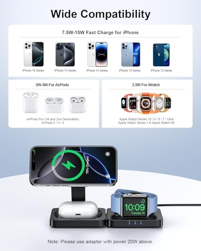 2025 ADADPU Magnetic Wireless Charging Station – Ultimate 3-in-1 Foldable Mag-Safe Charger for i Phone 16, 15, 14, 13, 12 Pro Max Plus, Apple Watch & Air Pods – Travel-Friendly, Fast Charging Pad with Enhanced Compatibility and Magnetic Alignment