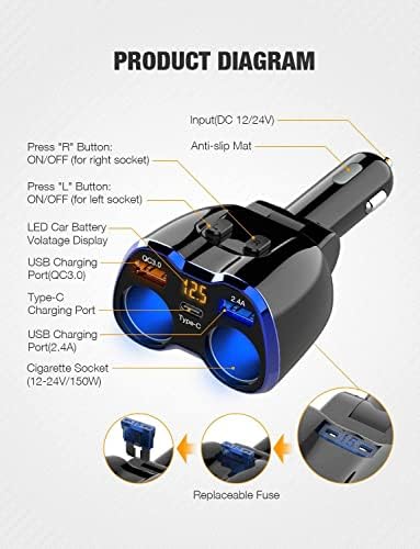 150 W Dual Socket Car Charger Splitter with Quick Charge 3.0 – USB-C Adapter, LED Voltmeter & Replaceable 15 A Fuse for Effortless Device Charging on Road Trips and Daily Travels – Essential Power Hub for GPS, Dash Cams, and Mobile Devices
