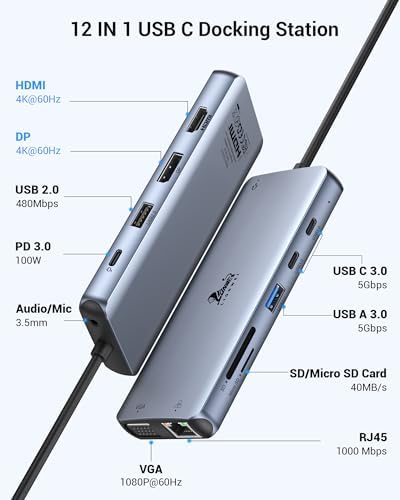 Unleash Your Potential with the LIONWEI 12-in-1 USB-C Docking Station – Ultimate Dual Monitor Adapter for Dell, HP & Surface Laptops – Triple Display Hub Featuring HDMI, Display Port, VGA, 100 W Power Delivery, 4 USB Ports, Ethernet, SD/TF Card Slots & Audio – The Essential Connectivity Solution for Professionals and Creatives on the Move