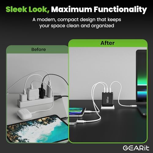 Power Up Your Devices Efficiently with the GEARit 65 W Ga N USB-C Triple-Port Fast Charger – PD 3.0 Wall Adapter for Seamless Charging of Apple, Samsung, Google, and Dell Devices – Compact, Lightweight Design with Superior Safety Features for Fast Multi-Device Power Delivery