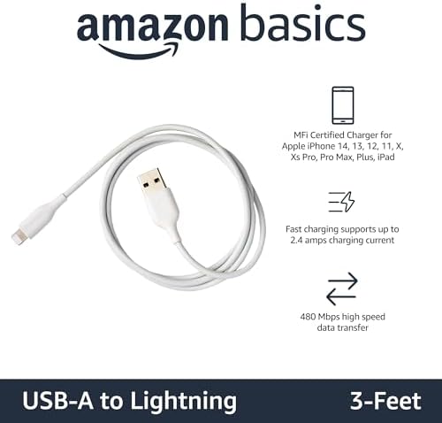 Amazon Basics MFi Certified 2-Pack Lightning Charger Cables – 6 Foot USB-A to Lightning, Optimized for i Phone 14, 13, 12, 11, X, Xs Pro, Pro Max, Plus & i Pad – Durable ABS Design for Fast Charging & Data Syncing, Sleek Black Finish, Essential Backup Solution