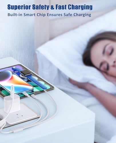 Ultimate 3-in-1 Fast Charging Cable for Apple Devices – 20 W USB-C Charger with 6 FT Length for Seamless Compatibility with Apple Watch Ultra2/SE/10/9/8/7/6/5/4/3 & i Phone 15/16 Pro Max/14/13/12/11 – Elegant White Design for Effortless Organization and Rapid Charging Efficiency