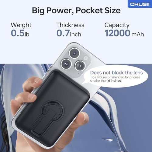 Magnetic Wireless Power Bank for i Phone 15/14/13/12 Pro/Pro Max – 12000 m Ah Fast Charging Portable Charger with Stand & USB-C – Sleek Black Design for Enhanced Convenience and Style