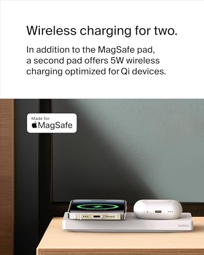 Belkin 15 W Mag Safe-Compatible 2-in-1 Wireless Charging Station – Fast Dual Device Charger for i Phone 16, 15, 14, 13 Series & Air Pods – Sleek Sand Design for Effortless Portability and Seamless Power Solutions