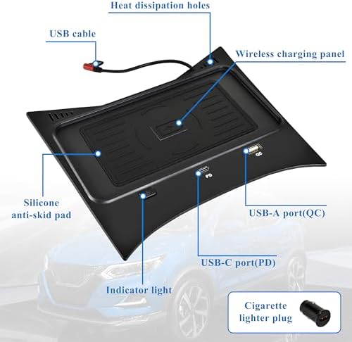 Elevate Your Nissan Rogue Driving Experience with 30 W Fast Charging Wireless Charger Pad – Seamless USB-A & USB-C Compatibility for 2014-2020 Models, Including Hybrid & Sport Variants – Effortless Cord-Free Power at Your Fingertips