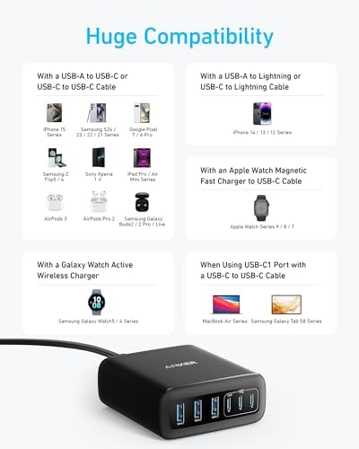 Anker 112 W Max 6-Port Fast Charging Station – Versatile Desktop USB-C Charger for i Phone, i Pad, Mac Book, Samsung & More – Multi-Device Power Hub with Built-in Safety Features for Home, Office & Travel – Custom Charging Experience (Cables Not Included)
