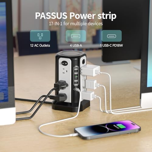 Maximize Power Distribution with the PASSUS Surge Protector Tower – 12 AC Outlets, 5 USB Ports Including 18 W USB C, 10 FT Extension Cord, Space-Saving Flat Plug, Overload Protection for Home and Office Use – Ideal for Multiple Devices and Rapid Charging Solutions