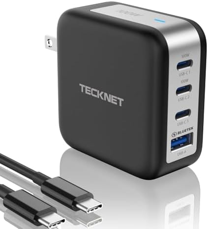 TECKNET 100 W USB C Fast Charger – 4-Port PD 3.0 Ga N Wall Adapter with Foldable Design & Type C Cable for i Phone, Mac Book Pro, i Pad, Air Pods, Dell XPS, Samsung & Nintendo Switch – Ultimate Charging Efficiency & Safety Features