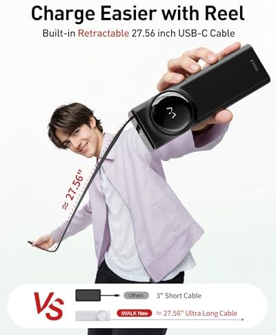 Ultimate i WALK 20000 m Ah Laptop Power Bank – Fast Charging 65 W Portable Charger with Retractable USB-C Cable & LED Display – Triple Output Compatibility for Mac Book Pro/Air, i Phone 16/15 Series, i Pad Pro, Samsung S25/S24 – On-the-Go Power Solution for Busy Professionals
