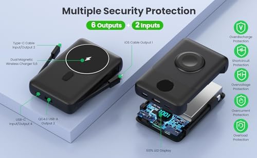 Revolutionary Magnetic Portable Charger for i Phone – 6-in-1 Power Bank with 10,800 m Ah Capacity, Built-in Cables, Apple Watch Charger, and LCD Display – 25 W PD Fast Charging for i Phone 16/15/14/13/12 and Mag Safe Compatibility – Ultimate On-the-Go Charging Solution