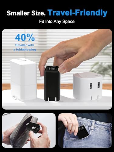 65 W Ga N USB C Wall Charger – Dual Port Fast Charging Station for Mac Book Pro/Air, i Phone 8-16, i Pad Pro/Air, Apple Watch, Galaxy S20-24 – Compact and Foldable Travel Charger in Sleek Black – Optimal Efficiency and Enhanced Device Longevity