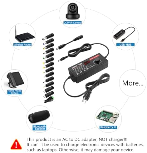 SHNITPWR 120 W Adjustable AC to DC Power Supply – 10 A Universal Voltage Adapter with 14 Interchangeable Tips for Enhanced Device Compatibility (4 V to 12 V) – Optimal Power Solution for Electronics, DIY Projects, and Gadgets