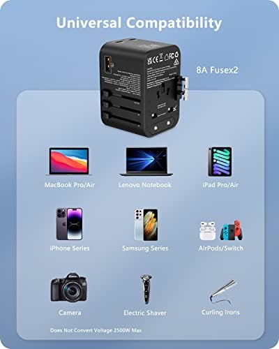 LENCENT 70 W Universal Travel Adapter – High-Efficiency Ga N Fast Charger with Triple PD3.0 Type-C Ports & Dual QC USB-A Outlets for Global Power Needs – Compact Power Converter Compatible with EU, USA, UK, AU Devices – Perfect for Laptops, Phones & Tablets on the Go