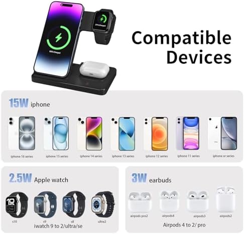Tri-Device Wireless Charging Station: Fast 3-in-1 Dock for i Phone 16, 15, 14, 13, 12, Apple Watch & Air Pods – Streamlined Convenience with Smart Charging Technology and Stylish Design