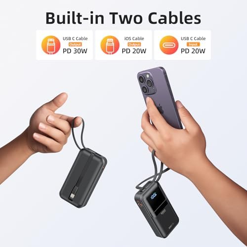 Ultimate 30 W Fast Charging Mini Power Bank for i Phone and Samsung – 10,000 m Ah Portable Charger with Built-In USB-C & Lightning Cables, LED Battery Indicator – Perfect Travel Companion for On-the-Go Charging