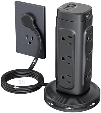TROND Power Strip Tower with Retractable Design – 5 ft Flat Plug Extension Cord Featuring 5 AC Outlets and 20 W USB-C Fast Charging Ports, 1700 Joules Surge Protection for Home Office and Dorm Room Efficiency – Ultimate Connectivity Solution