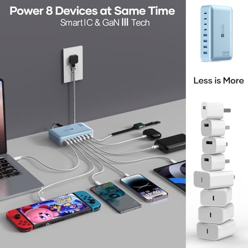 Transform Your Charging Routine with the 200 W 8-Port Fast Charging Hub – Multi-Device USB Station Featuring 65 W Laptop Adapter, Space-Saving Flat Plug, Durable Braided Cable, and User-Friendly On/Off Power Control for Optimal Performance and Safety