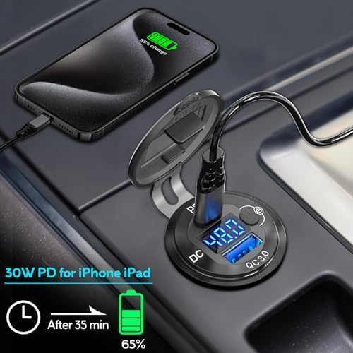 Premium High Voltage USB Outlet for Vehicles – 12 V to 60 V Universal Car Charger Socket with PD 30 W USB-C & QC 36 W Fast Charging, Waterproof Cigarette Lighter Adapter with Easy On/Off Switch – Ideal for Trucks & Boats, DIY Installation Ready