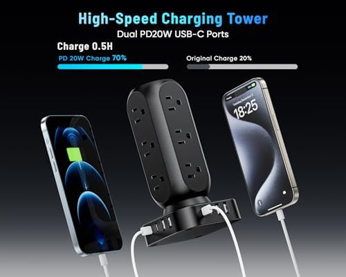 Revolutionize Your Charging Setup with the Flat Plug Power Strip Tower – 10 FT Extension Cord, 40 W Fast Charging Station Featuring 12 AC Outlets and 8 USB Ports (4 USB-C) for Ultimate Device Connectivity and Safety in Home, Office, or Dorm Room