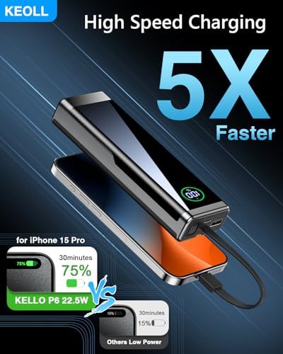High-Capacity 40000 m Ah Portable Charger with Integrated USB-C Cable – 22.5 W Ultra-Fast Charging Power Bank for i Phone 16/15/14/13 & Galaxy S24/S22 – Sleek Black Design for On-the-Go Convenience and Dependability