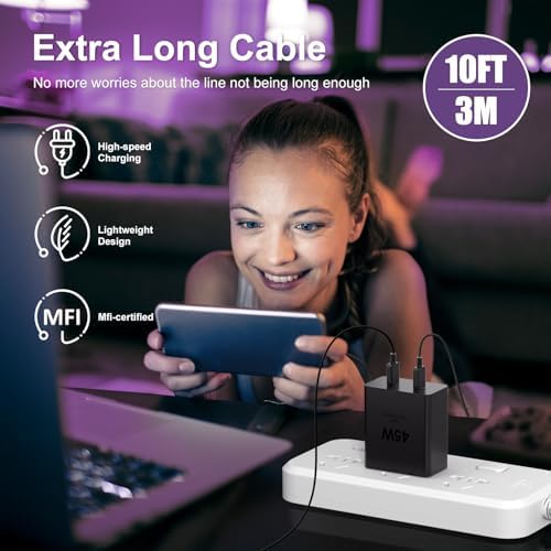 45 W Dual USB-C Fast Charger with 10 FT Cable for i Phone 16 & Galaxy S25 – Rapid Charging Solution for i Pad Pro/Air, Compact & Portable Power Block, Enhanced Device Compatibility