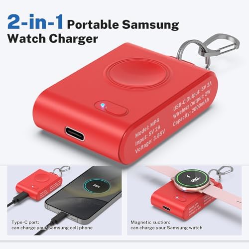 Portable 2-in-1 Watch Charger for Galaxy Watch 7 Ultra – 2000 m Ah High-Capacity Samsung Charger with Keychain for Galaxy Watch Series & Gear S3 – Fast Charging & Enhanced Portability for On-the-Go Power Solutions