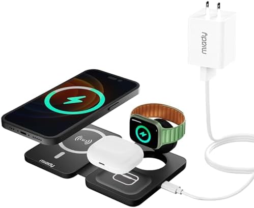 Miady 3-in-1 Magnetic Wireless Charging Station – Ultra-Fast 18 W Travel Charger for i Phone 15/14/13/12 Pro Max, Apple Watch Series Ultra/8/7/6/5/4/3/2/SE, and Air Pods 3/2 – Compact, Portable Design for Effortless Charging and Unmatched Device Compatibility
