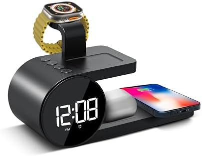 Brookstone 4-in-1 Wireless Charging Station: Elegant Multifunctional Hub for i Phone 15 to 12 Pro Max, All Apple Watch Series & Air Pods Compatibility | Fast Charging with Integrated Clock for Home or Office Use