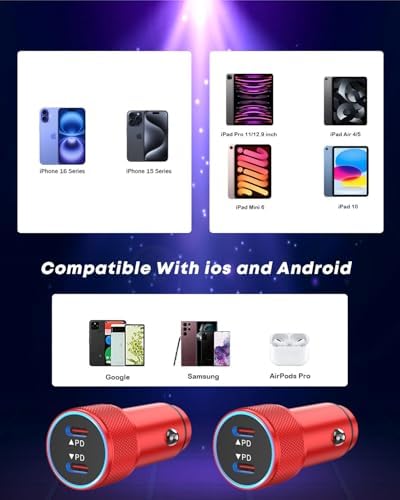 Fast Charge Dual USB-C Car Charger for i Phone 16/16 Pro Max/15 with Braided Nylon Cable – High-Speed PD3.0 Adapter for Convenient On-the-Go Charging – Durable, Compact Design for i Pad Compatibility – Tangle-Free Solution for Everyday Use – Essential Road Trip Companion
