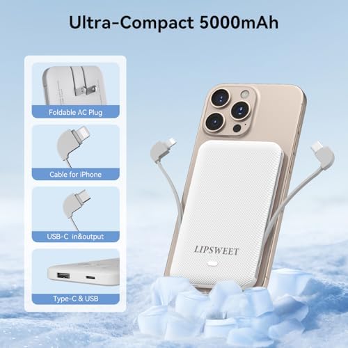 Mini 5000 m Ah Portable Power Bank with Integrated Cables and AC Plug – USB-C Fast Charging for i Phone & Android Devices – Ultra-Compact External Battery for On-the-Go Lifestyle – Essential Tech Accessory for Seamless Connectivity