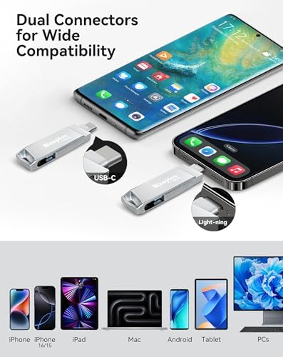 256 GB Lightning & USB-C Flash Drive for i Phone/i Pad – Ultra-Fast USB 3.0 Memory Stick for Effortless Photo & Video Backup – Plug & Play External Storage Solution (Sleek Silver Design) – Perfect for Seamless Data Management and Expansive Memory Needs