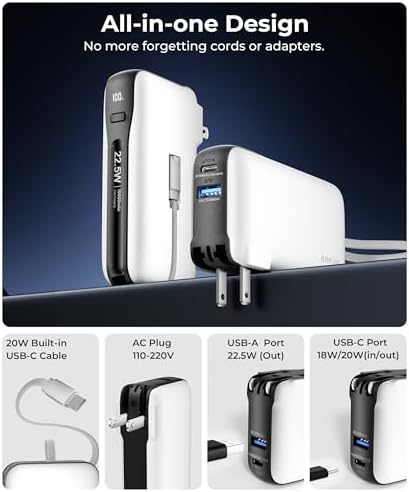 Ultimate 10,000 m Ah Portable Charger with Built-in USB-C Cable & Plug – Fast 22.5 W Power Bank for Seamless Charging of i Phone 16/15, Samsung Galaxy & i Pad – Compact Travel Essential with Triple Output Ports for Maximum Device Compatibility