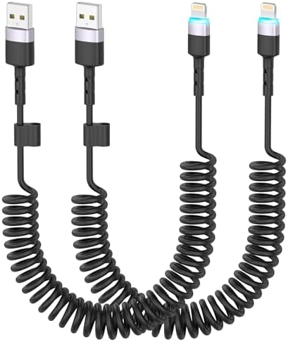 Opluz Coiled Lightning Cable 2 Pack – 3 FT MFi Certified i Phone Charger for Fast Charging in Cars, Ideal Short USB to Lightning Cable for Seamless Car Play Experience, Stylish Black Design for Enhanced Interior Compatibility and Clutter-Free Convenience
