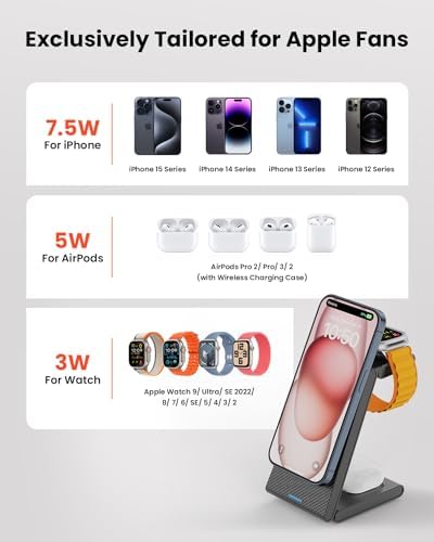 GEEKERA 3-in-1 Foldable Wireless Charging Station for Apple Devices – Fast Charge Your i Phone 16/15/14/13/12/11 Pro Max, Apple Watch Ultra/10/9/SE/8/7/6/5 & Air Pods Pro/4/3/2 with Travel-Friendly Design – Ultimate Multi-Device Charging Solution for Home & On-the-Go Efficiency