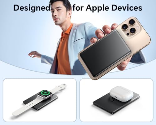 Magnetic Ultra Slim 5,000 m Ah Portable Charger – Fast Wireless Charging Power Bank for i Phone 16/15/14/13/12 Pro/Pro Max/Plus & Apple Watch, Lightweight Design with USB-C Cable for On-the-Go Convenience