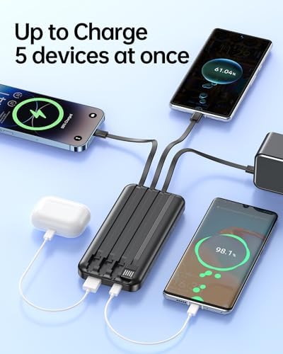 Ultra-Slim 10,000 m Ah Portable Power Bank with Built-in Cable – Fast Charging USB-C Travel Charger for i Phone, Samsung, Android & i Pad – Essential Battery Pack with Enhanced Compatibility and LED Indicator