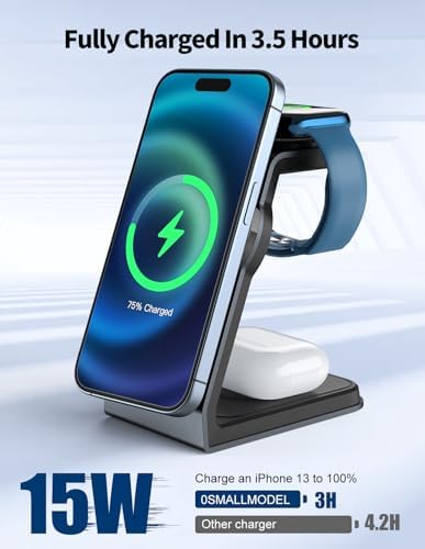 Sleek Aluminum 3-in-1 Magnetic Wireless Charging Station for Apple Devices – Fast Charge i Phone 11-16 Pro Max, Apple Watch Series 2-8 & Air Pods 2/3/Pro – All-in-One Charger Stand with Adapter for Enhanced Efficiency and Modern Aesthetics