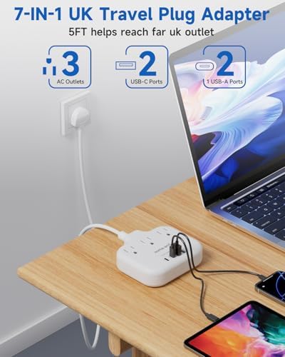 Ultimate Universal Travel Plug Adapter with PD30 W Fast Charging Hub – 3 Multi-Port Connectivity for International Travel, Featuring Dual USB-C & USB-A Outputs, 3 ft Extension Cord for Effortless Power in EU, US, UK, France & Spain – Perfect Solution for Global Adventurers Seeking Reliable Charging Options