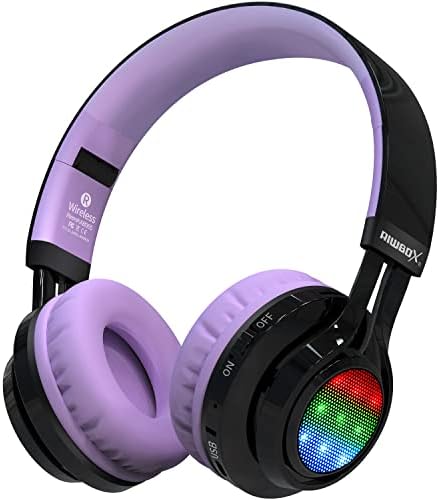 Riwbox AB005 Kids Wireless Headphones – Colorful Over-Ear Bluetooth Headset with Dynamic LED Lights, FM Radio, and TF Card Slot – Ideal Audio Companion for Tablets and TVs, Stylish Black & Pink Design for Young Music Lovers – Fun, Durable, and Safe Sound Solution for Kids