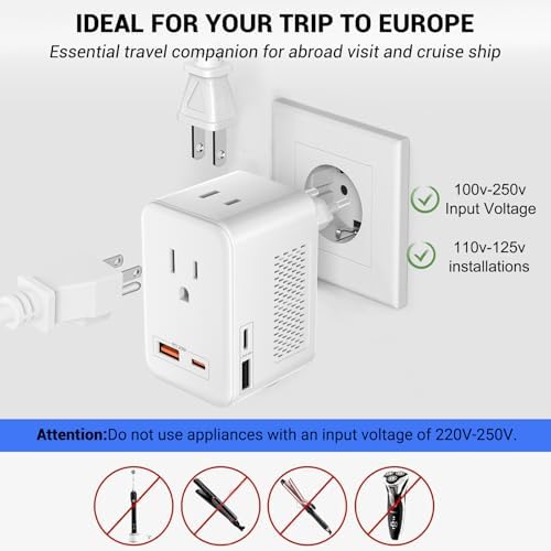 Universal Travel Power Adapter: High-Speed Voltage Converter with Dual AC Outlets and 20 W USB-C Ports for Effortless Charging of US Devices Globally, Ideal for Adventures Across Europe and Beyond