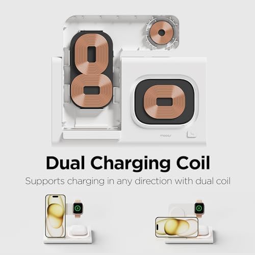 Mooas 3-in-1 Fast Wireless Charging Station with Nightlight – 15 W Multi-Device Charger for i Phone 15/14/13/12/11/XR/XS/8, Samsung Galaxy S24/23/22/21, Air Pods & Apple Watch – Sleek, Space-Saving Design for Enhanced Compatibility and Convenience
