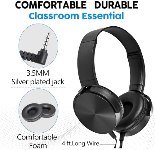 Classroom Headphones Bulk Pack – 10 On-Ear Student Headsets with Superior Stereo Sound, Comfortable Swivel Ear Pads for Engaging Learning and Online Classes – 3.5 mm Compatible for Ultimate Convenience (Black) – Perfect for Schools, Libraries, and Group Learning Activities