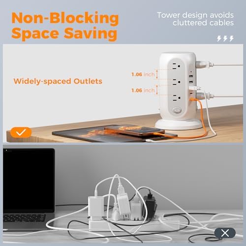 TESSAN Tower Power Strip Surge Protector – 12 Outlets with Individual Switches, 5 Fast-Charging USB Ports (2 USB-C), 10 Ft Flat Extension Cord with Discreet Plug Design – Ideal Multi-Device Charging Station for Office and Dorm Use