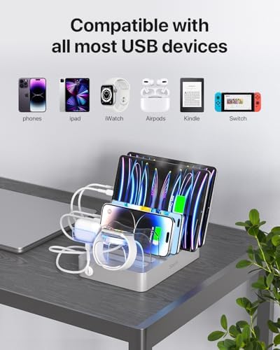 Soo Pii Elegant Pink 6-Port USB Charging Station Organizer – Fast Multi-Device Charging Hub with 6 High-Speed Cables and i-Watch Holder – Ultimate Solution for Neat Workspaces and Efficient Device Management